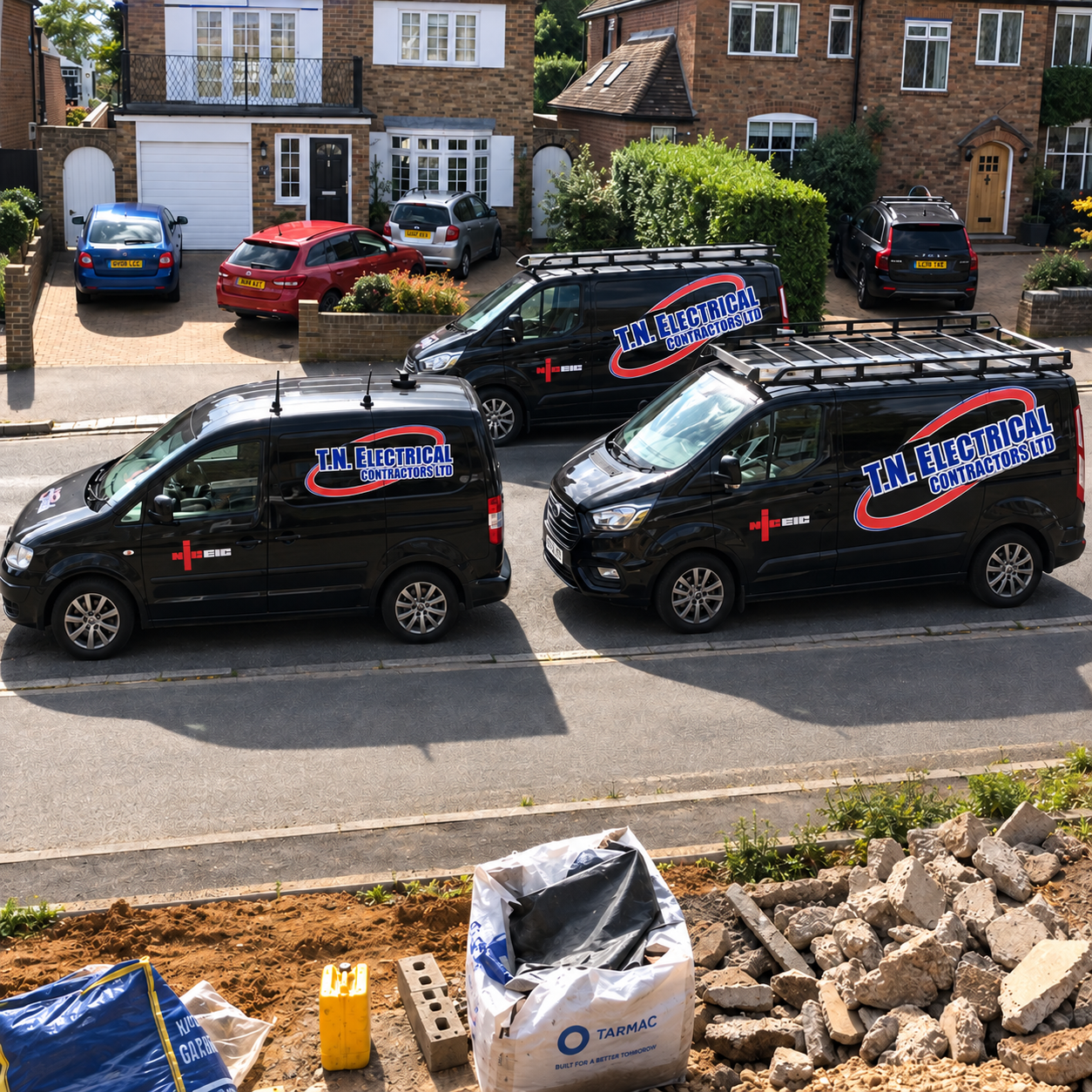 Branded electrical contractor van parked on an active commercial construction site