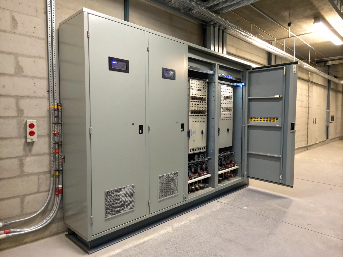 Industrial electrical control panel with organized copper busbars and switches