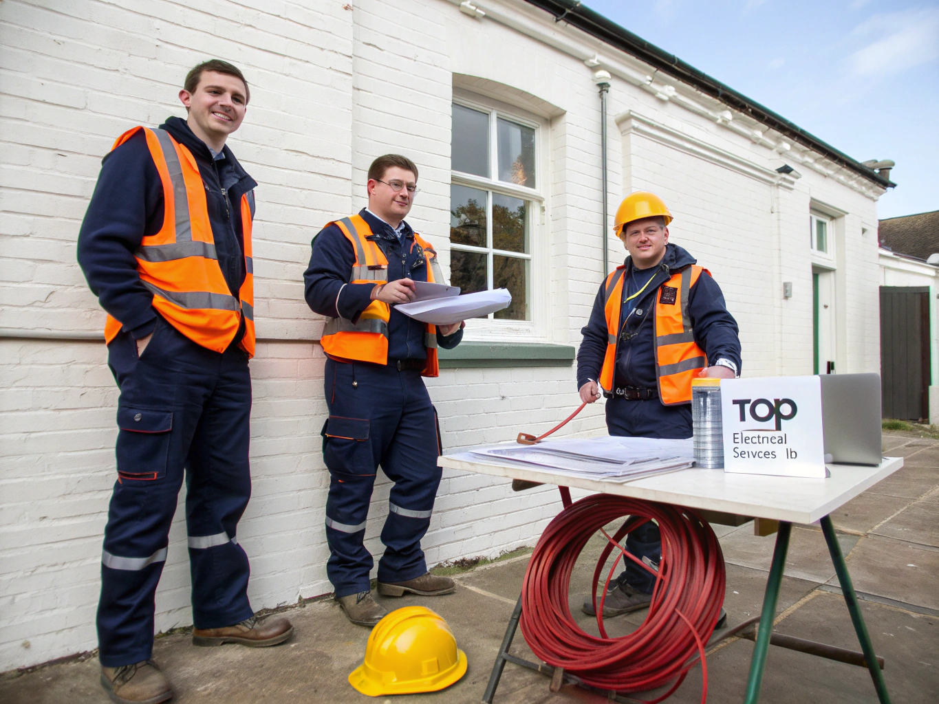 T.N. Electrical contractor fleet van and uniformed electricians preparing equipment outside a client facility